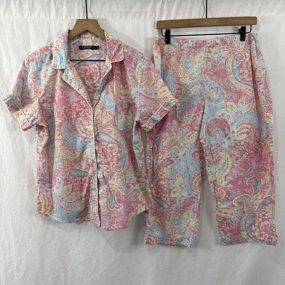 Lauren Ralph Lauren Pink Pastel Paisley Cotton Pajama Shirt Pant Set Womens Sz L